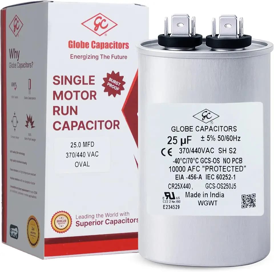 Globe Capacitor, Oval Run Start, 20MFD CBB65 Single Element, 370V/440V