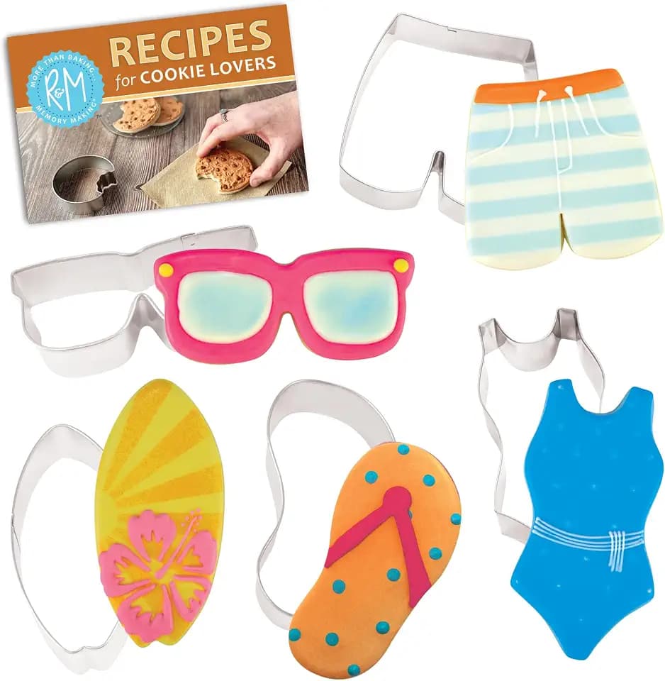 R&M Beach Day Cookie Cutter 5-Piece Gift Set - Includes Flip Flop, Swimsuit, Swim Shorts, Surfboard, Sunglasses Cookie Cutter with Recipe Card - Steel
