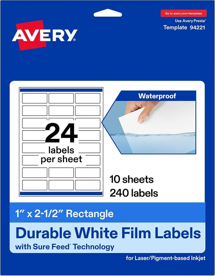 Avery Printable Durable White Rectangle Labels, Sure Feed Technology, 1" x 2.5", Waterproof Labels, Laser & Pigment-Based Inkjet Compatible, 240 Total