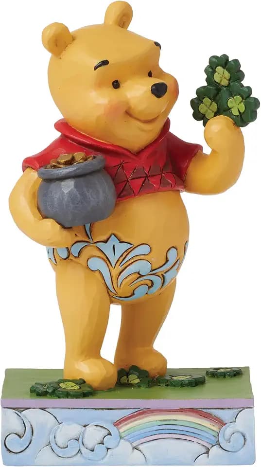 Enesco Disney Traditions Collection by Jim Shore Winnie The Pooh Holding Four-Leaf Clovers Figurine- Stone Resin Hand Painted Collectible Disney Figurines Home Decor Statue, 4.5 Inch