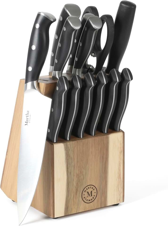 Martha Stewart Greeley Forged High Carbon Stainless Steel 14 Piece Knife Block Set, Black Kitchen Knife Set with Acacia Wood Block, Chef Knife, Bread Knife, Steak Knives