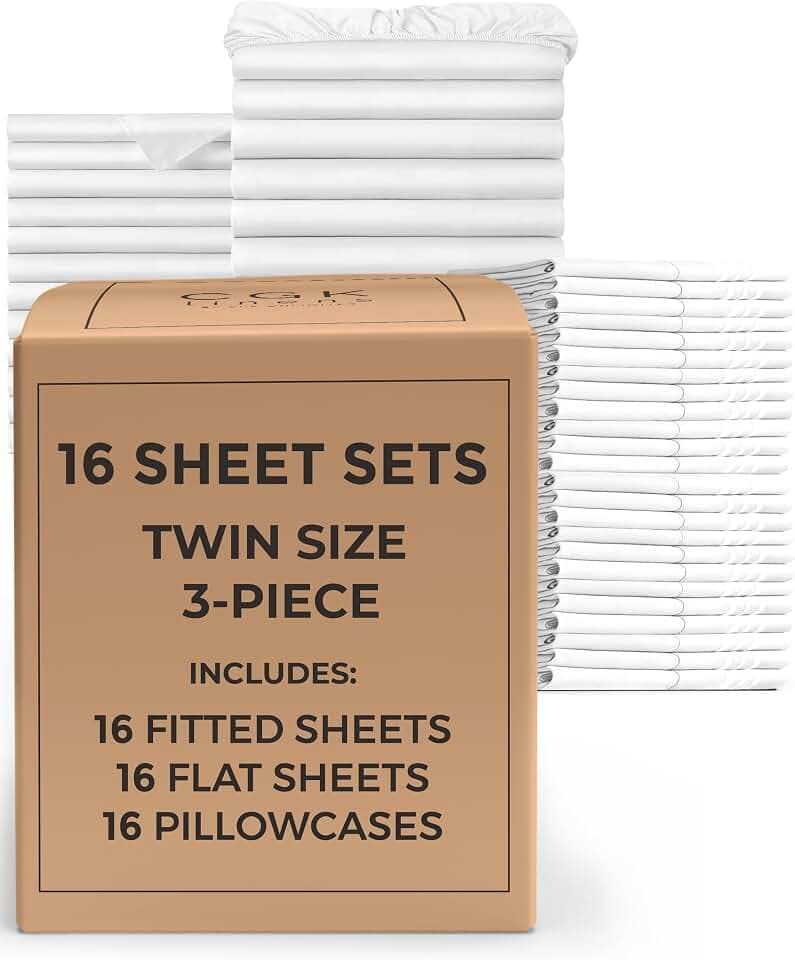 Bulk Case Pack of 16 Twin Size 3 Piece Sheet Sets, Deep Pocket - White