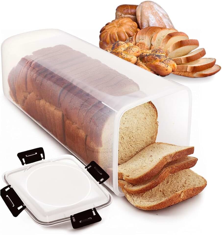 Clear Airtight Bread Storage Container with 4-Latch Lid, Tall Plastic Bread Box for Sandwich Loaves, Bagels & Baguettes, 5×5×13 in BPA-Free Bread Keeper for Counter, Pantry & Freezer