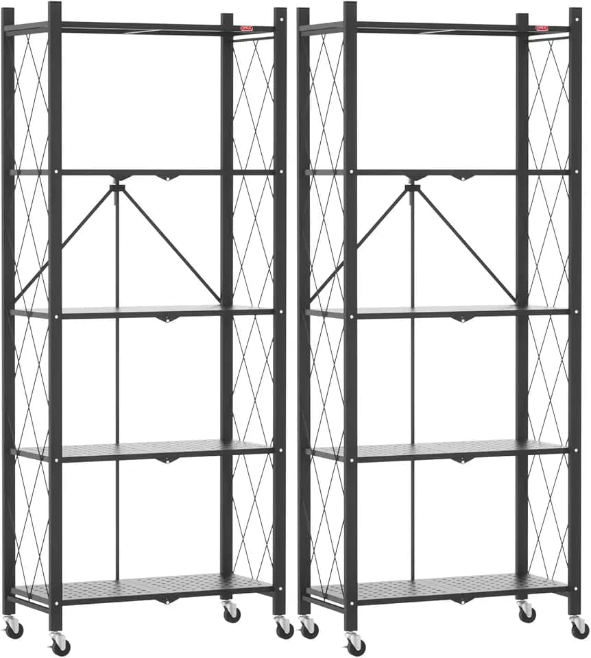 DEANIC 5-Shelf Folding Bookcase with Wheels, Heavy Duty Storage Shelves, Freestanding Metal Wire Shelving Unit for Living Room, Office, Kitchen, Basement, Pantry(Black 2 Pack)