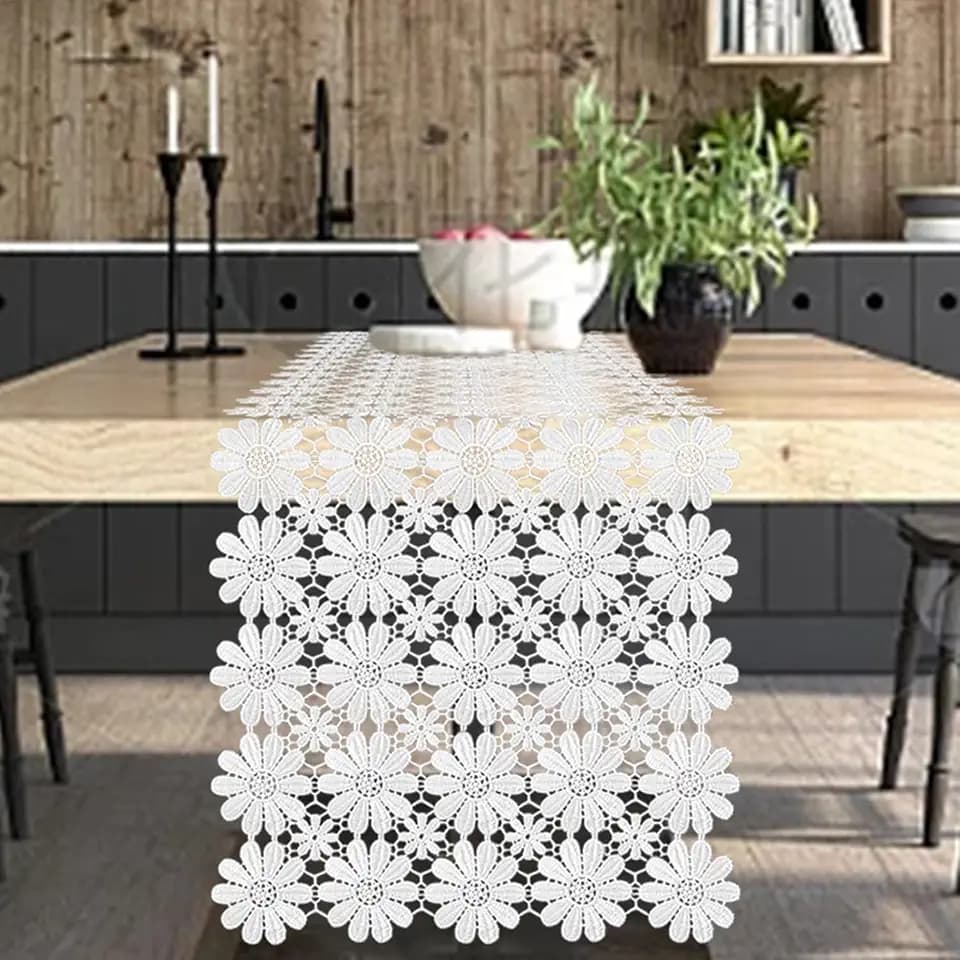 VIJIV White Crochet Lace Table Runner, 90 Inches Boho Dresser Scarf