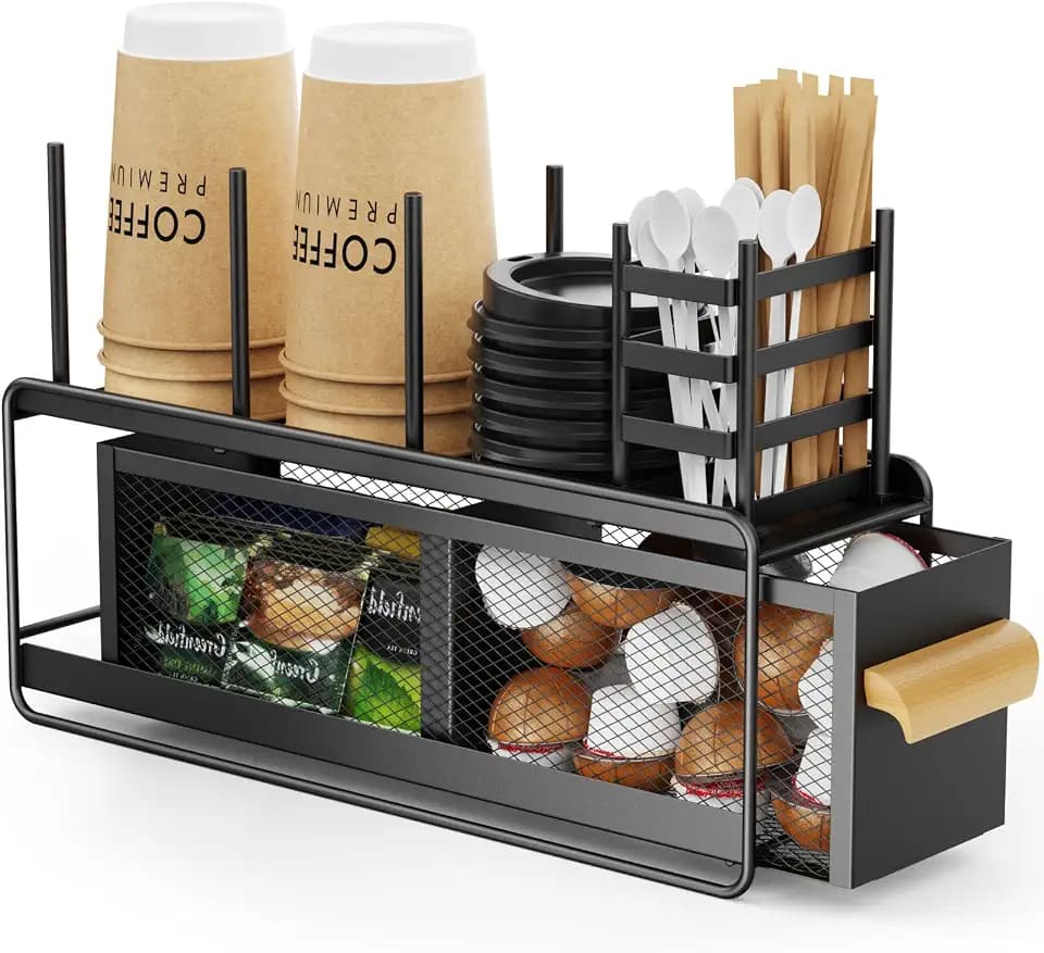 GSlife Narrow Coffee Bar Organizer - Countertop Station with Drawer, Black