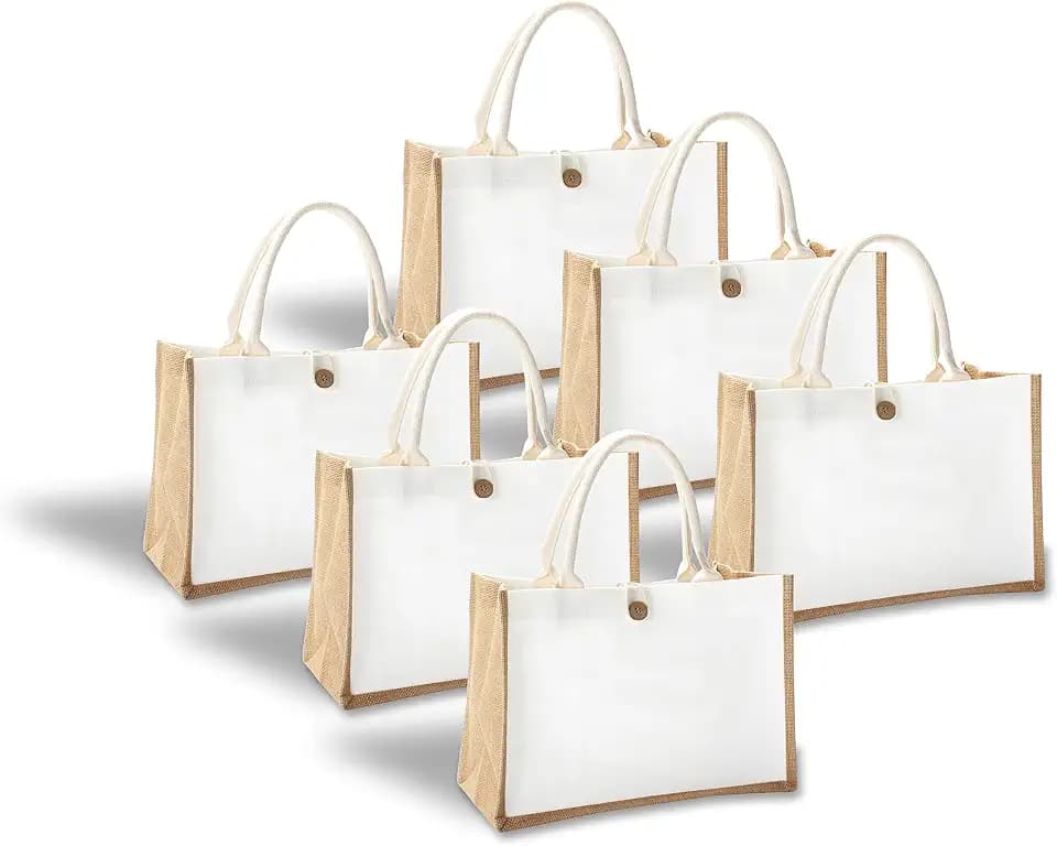Jute Travel Tote Bags, 14.5" x 6.7" x 10.2" Set of 6 Burlap Tote Bags with Button Jute Bags with Handle Resuabale Grocery Bag Bridesmaid Bags Tote Bag for DIY, Shopping, Beach,Wedding