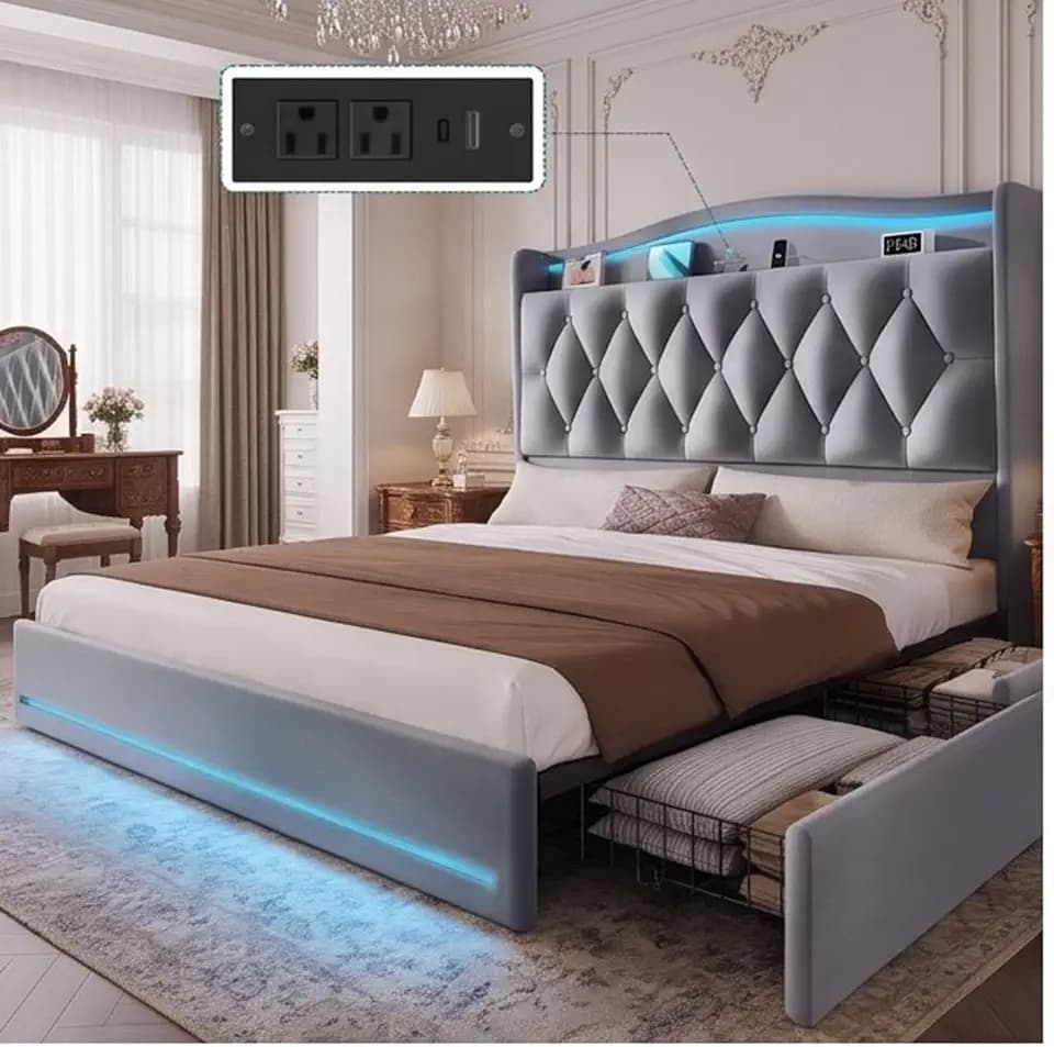 YITAHOME Queen Bed Frame with Charging Station & RGB LED Lights