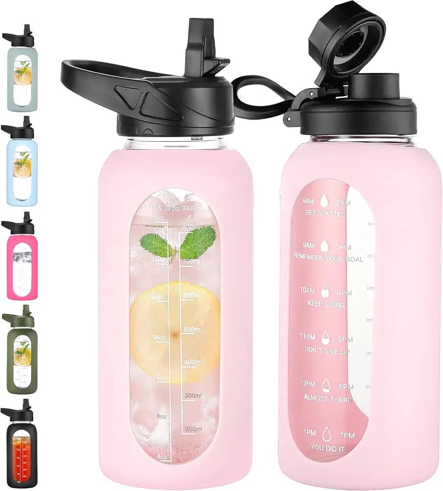 CIVAGO 32 oz Glass Water Bottle with Straw, Large Motivational Water Jug