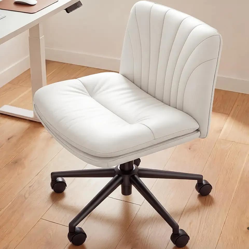 Marsail Criss Cross Office Chair with Wheels, Armless Wide Desk Chair for Active Sitting, PU Leather Cross Legged Chair for Home Office, Pet-Friendly & Easy Clean, Balance Beige