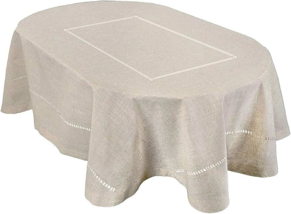 Grelucgo Handmade Double Hemstitch Natural Tablecloth, Oval 60 by 102 Inch