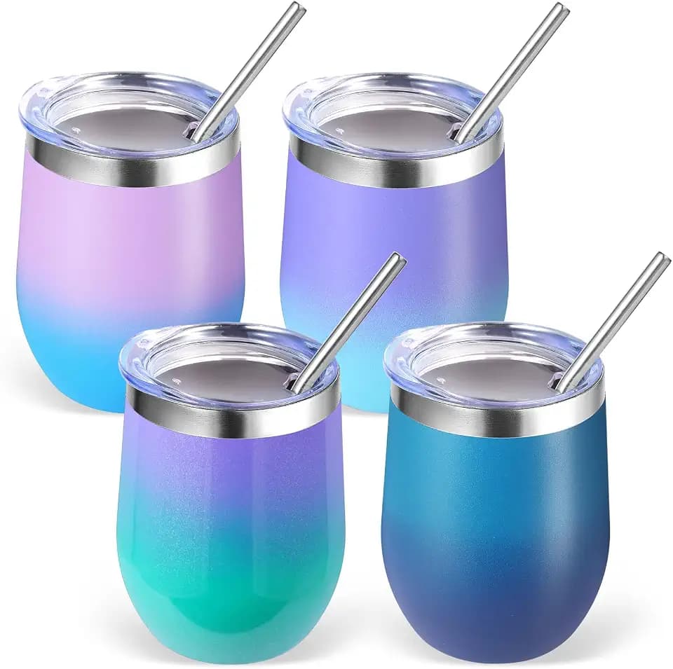 Volhoply 12oz Stainless Steel Wine Tumbler with Lid Bulk 4 Pack,Double Wall Vacuum Stemless Wine Glasses,Reusable Metal Travel Coffe Mug with Straw,Insulated Cup Gifts for Christmas(Assorted,4 Set)