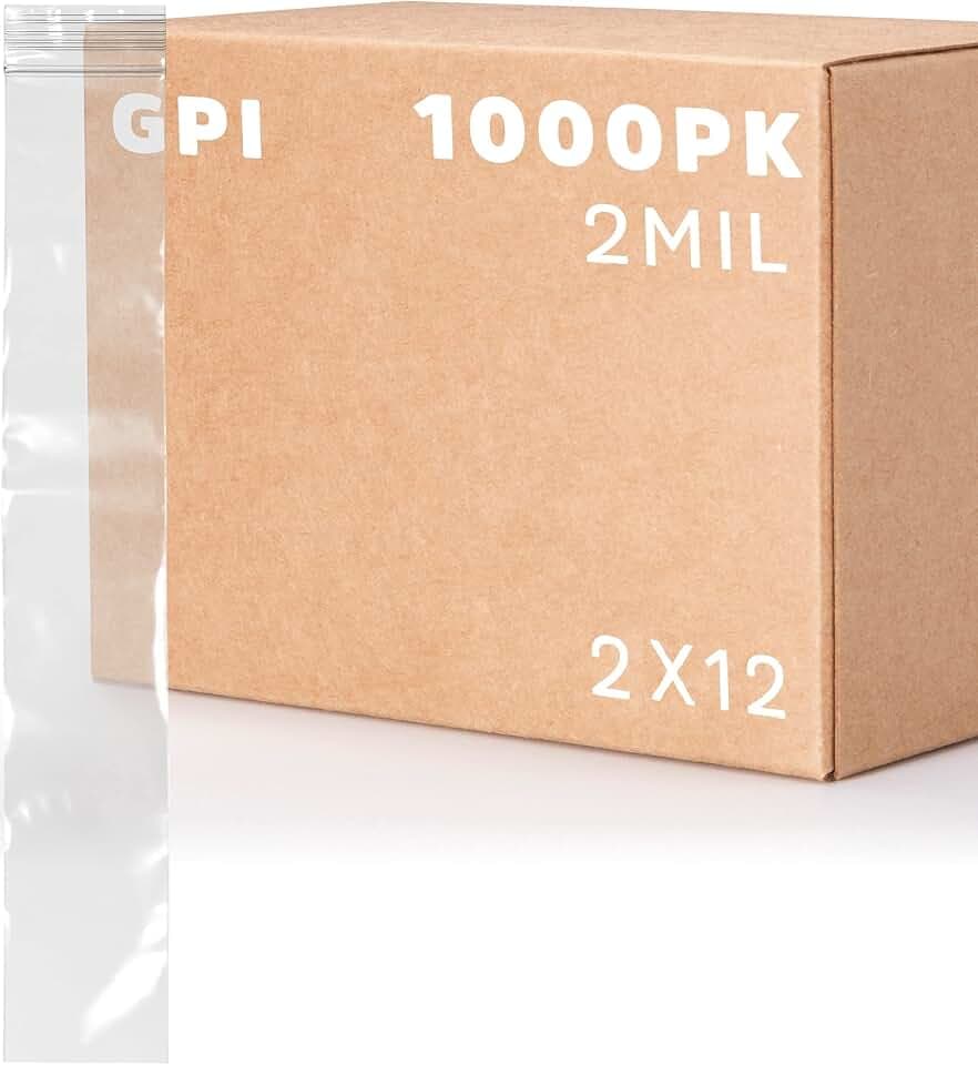 2" x 12" Long Zip Bags, 1000 Pack, Clear Plastic Reclosable Baggies, GPI