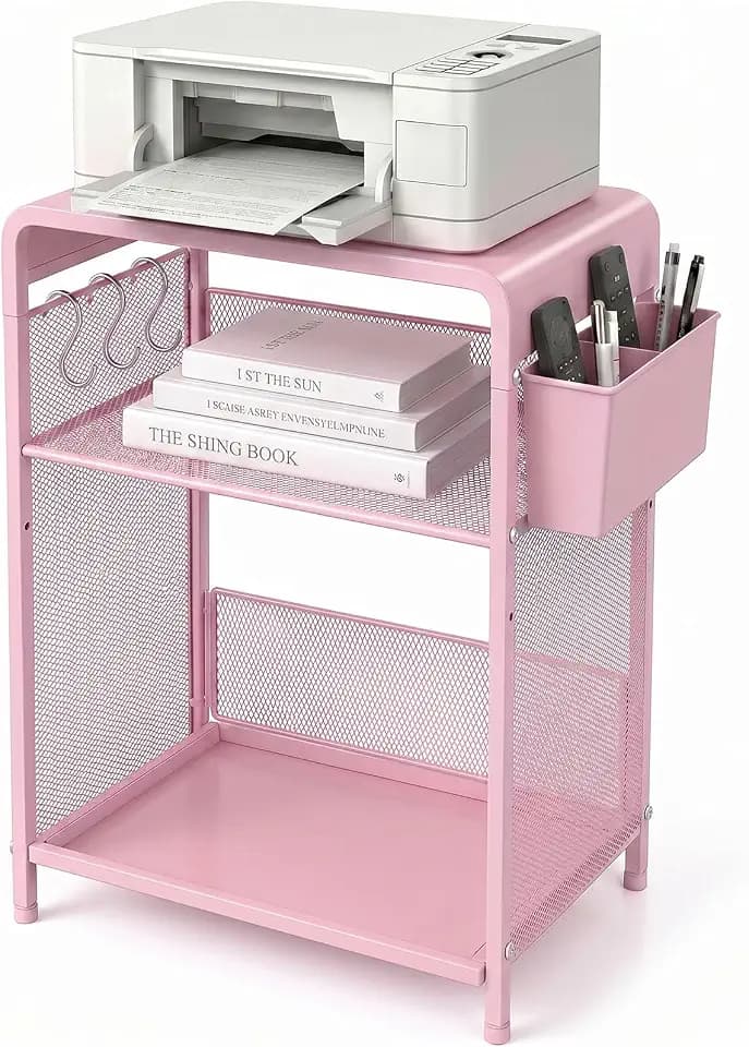 ECOLOVI Small 3 Tier Printer Stand for Under Desk, Height Adjustable Shelf Printer Table with 3 S-Hooks & Basket, Heavy Duty Industrial Storage Shelf for Home Office (Pink)