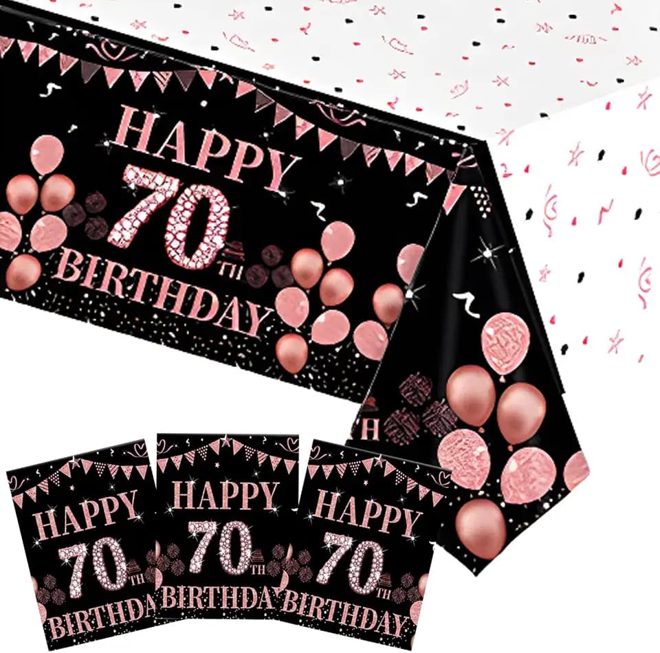 3 PCS 70th Birthday Tablecloth Decorations for Women Black and Rose Gold Theme Tablecloth Party Favors Seventy Years Old Plastic Disposable Rectangular Table Cloth Decor