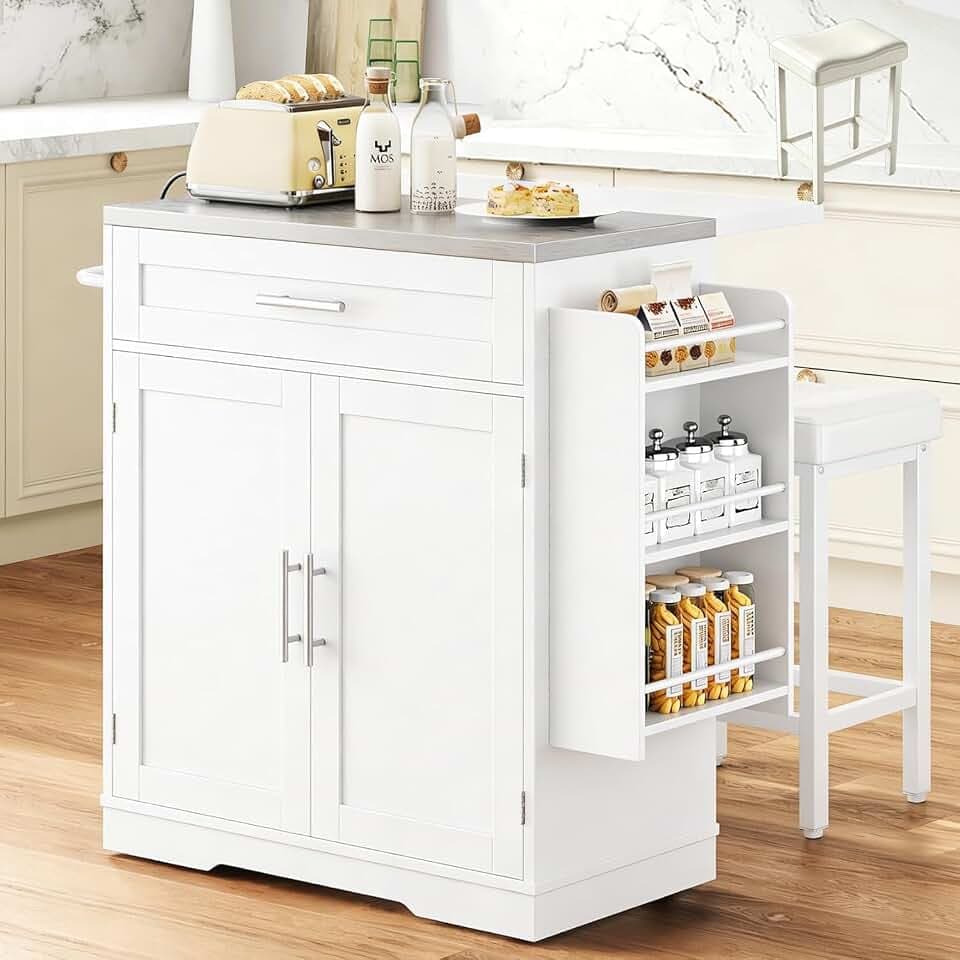Concho 41" Rolling Kitchen Island with Bar Stool and Stainless Steel Top – Movable Cart with Folding Leaf, Outlet, and Hanging Rack