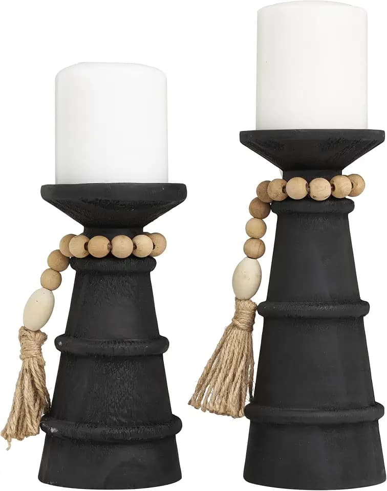 Deco 79 Wood Handmade Decorative Candle Holder Textured Matte Candle Stand with Beaded Garland Accent, Set of 2 Candlestick Holder 10", 8" H, Black
