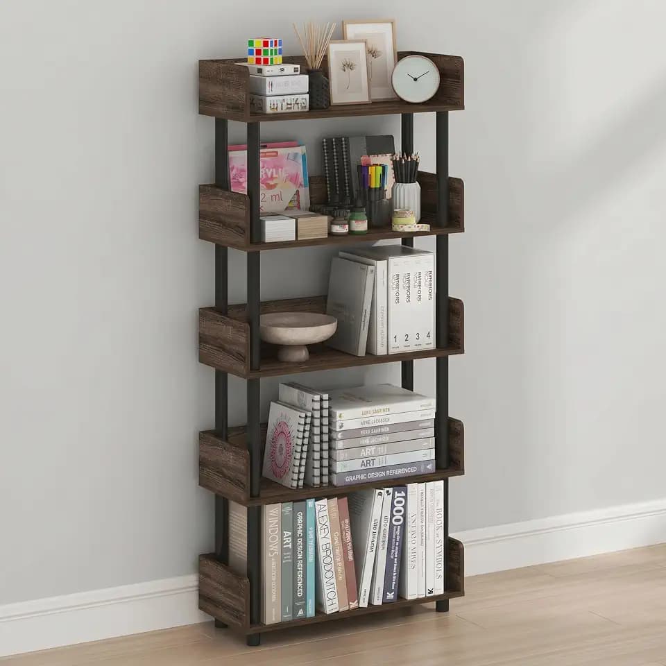 Furinno Turn-N-Tube Book Shelf, 5-Tier Bookshelf, Bookcases, Walnut