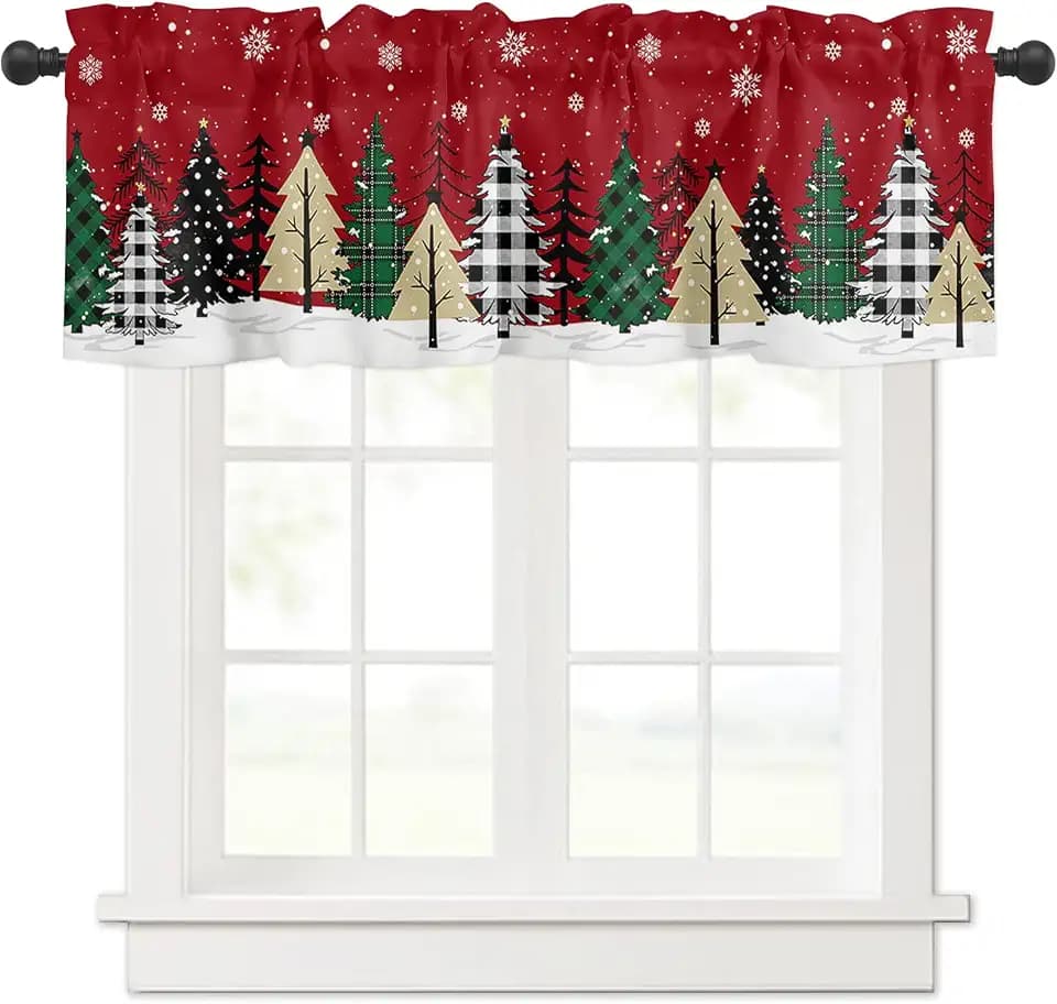 Christmas Tree Valance Curtain Red Kitchen Window Treatment Winter Snowflake Short Curtain Rod Pocket Drapes for Living Room Bedroom Bathroom Xmas Decor 54x18in 1 Panel