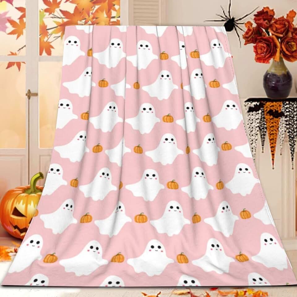 Cute Ghost Pumpkin Throw Blanket for Couch Sofa Living Room Pink Halloween Blanket Warm Cozy Lightweight Travel Outdoor Blanket for Women Men for All Season 40"x50"