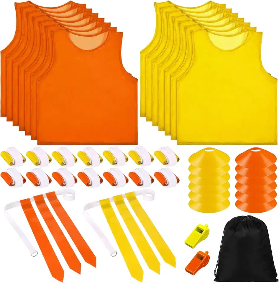 Sratte Flag Football Set 14 Flags Belts Pinnies 12 Cones, Yellow, Orange