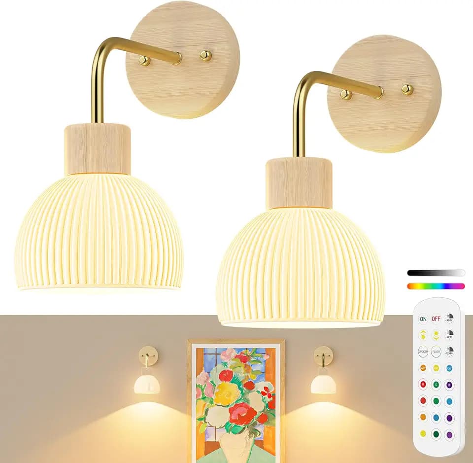 Glass Battery Operated Wall Sconces Set of 2, Rechargeable Wall Lamp with Remote, 12 Colors Dimmable Wireless Sconces Wall Decor Set of 2 with Timer for Bedroom Living Room (Beech, 2 Pack)
