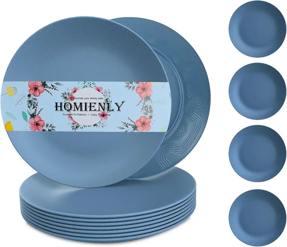 Homienly Flat Dinner Plates Set of 8 Alternative to Plastic Plates Microwave and Dishwasher Safe Wheat Straw Plates for Kitchen Unbreakable Plates for Camping, Salad(Blue, 10 inch)