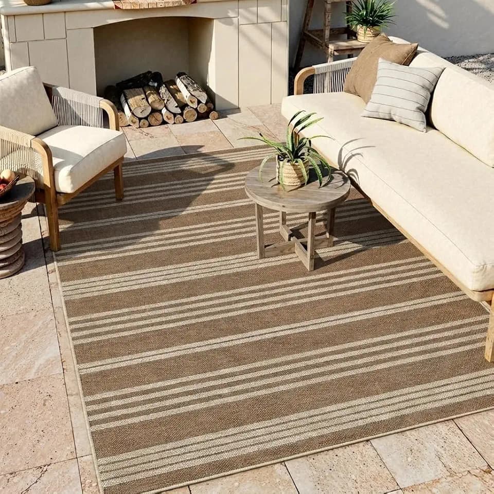 COZYLOOM Patio Rugs Outdoor Waterproof 4x6 Striped Jute Rug for Living Room Non Slip Stain Resistant Foldable Thin Carpet for Bedroom, RV, Backyard, White/Coffee