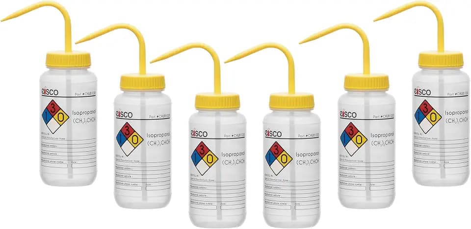 EISCO 6PK Wash Bottle for Isopropanol, 500ml - Labeled with Color Coded Chemical & Safety Information (4 Colors) - Wide Mouth, Self Venting, Low Density Polyethylene Labs