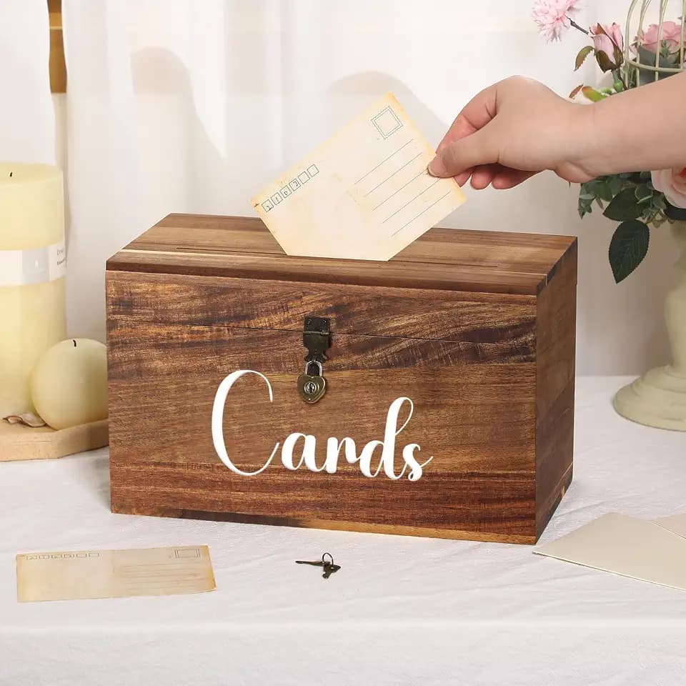 Bucherry Wood Wedding Card Box Rustic Acacia Gift Card Box with Slot for Wedding Birthday Decoration Baby Shower Party Favors Graduation Party Supplies