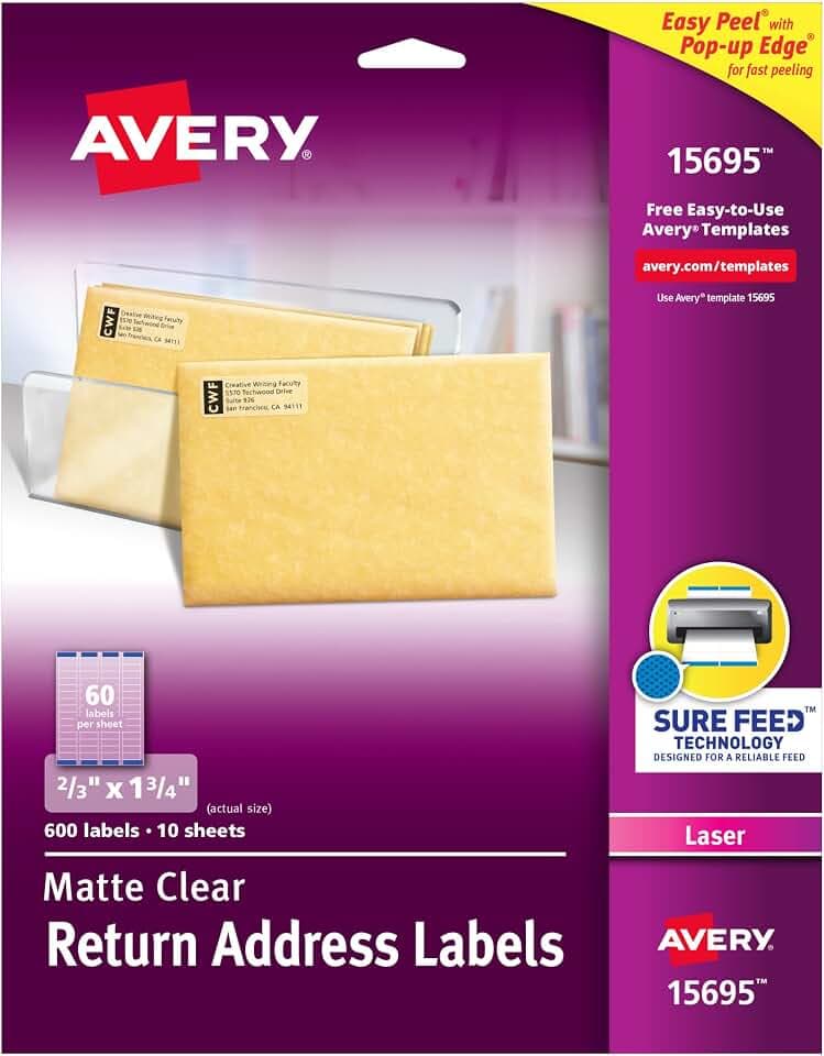 Avery Printable Return Address Labels, Sure Feed Technology, 2/3" x 1-3/4", Matte Clear, 600 Blank Mailing Labels (15695)