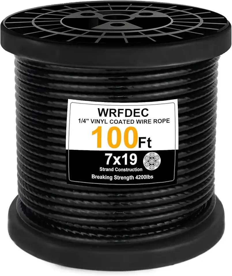 100Ft 1/4" Black Vinyl Coated Wire Rope,7x19 Strand Aircraft Cable Wire for Cable Railing, Decking Stair Railing Balustrade DIY, Fencing,String Lignts Hanging,3/16" Thru 1/4"