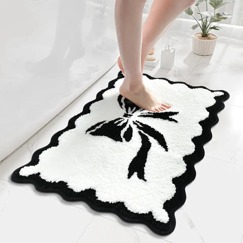 Anybar Bow Bath Mat Black White Bathroom Rug Cute Scalloped Rugs Non Slip Floor Carpet Microfiber Bathmat Soft Super Absorbent Machine Washable Bathmat for Shower Scallop Bathroom Mats(20x32 inch)
