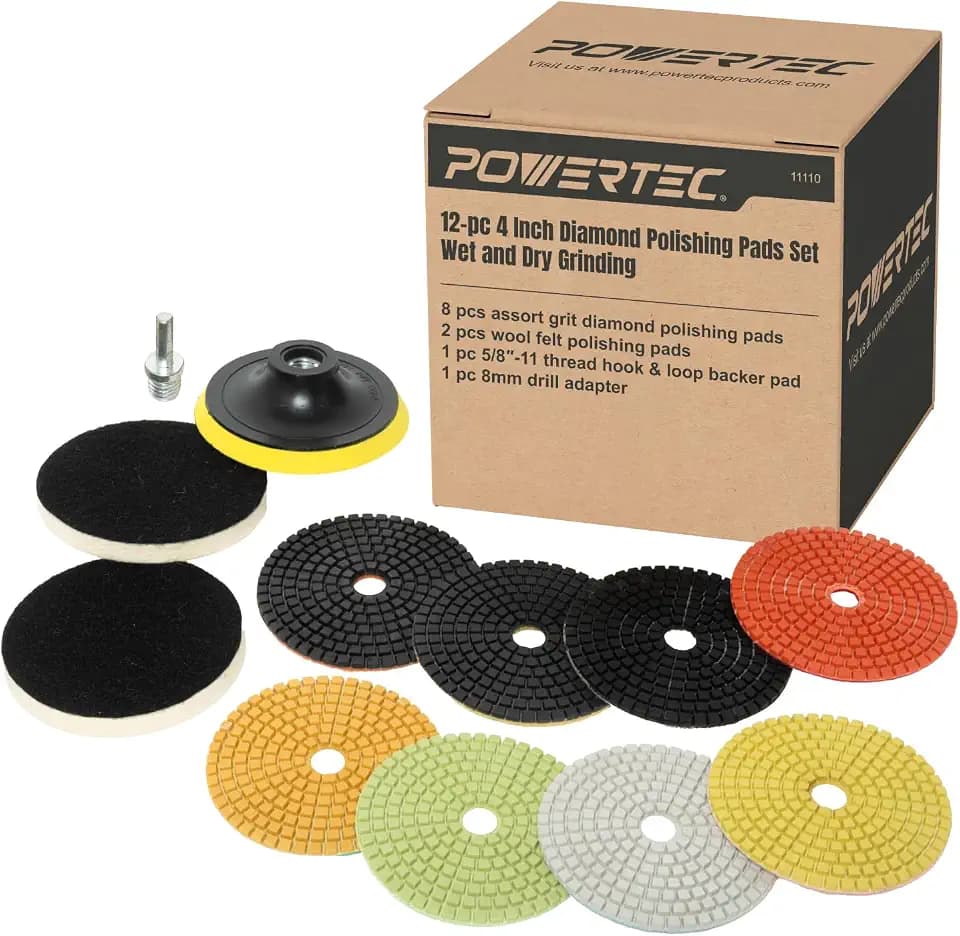 POWERTEC 4 Inch Diamond Polishing Pads w/ 10pcs 50-6000 Grit Polishing Pad and 5/8"-11 Backer Pad for Drill, Polisher & Grinder, Wet/Dry Diamond Polishing Pad Kits for Concrete, Granite and Marble