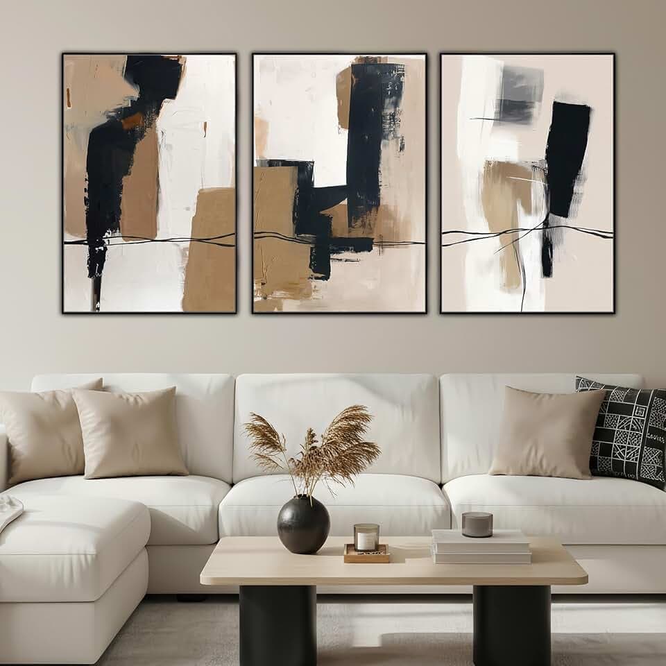 SAFERRYHOME Neutral Abstract Black and Tan Brown Wall Art Set of 3, 24"x36"