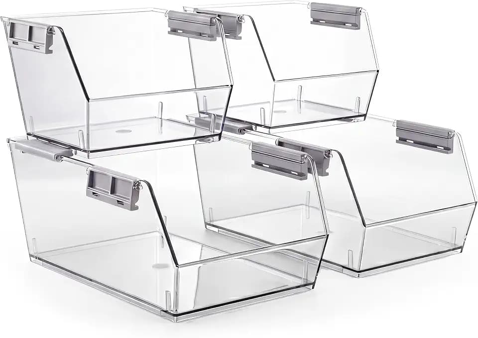 HOMESTEAD Set of 4 Stackable Storage Bins, 2 Large + 2 Small Clear Plastic Organizer Bins, Open Front Design for Kitchen Pantry, Fridge, Cabinet, Bathroom Organization and Snack Storage