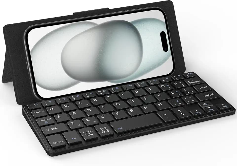 CACOE Mini Bluetooth Tastatur mit Ständer für Handy, Ultraflache Tragbare, Faltbare, Dual-Channel QWERTY Tastatur mit Stellhalterung für Smartphone und mehr iOS Android Windows, Schwarz