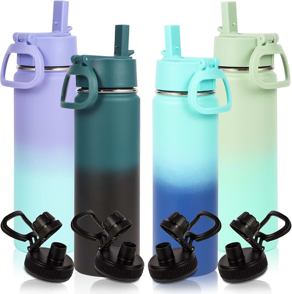 Volhoply 20oz Insulated Stainless Steel Water Bottle with Straw Lid Bulk 4 Pack,Kids Double Wall Vacuum Cups with Handle,Reusable Outdoor Sports Metal Bottles,Travel Flask Keep Cold(Assorted,4)