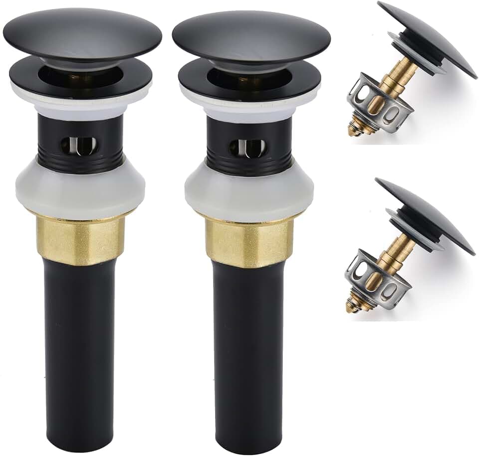 Rockgoya Bathroom Sink Drain,2 Pack Drain Stopper Bathroom Sink with Overflow,Pop Up Drain Assembly with Detachable Strainer Basket,Built-in Anti-Clogging Strainer,Stainless Steel Mattle Black