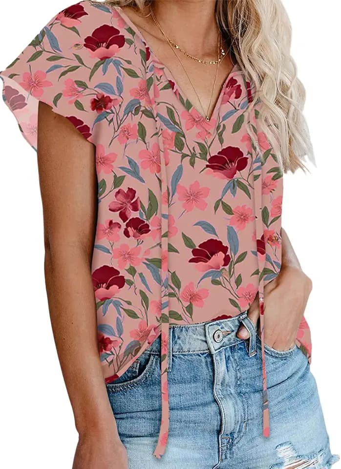 Dokotoo Women's Casual Boho Floral Printed V Neck Tops Drawstring Short Long Sleeve T Shirt Blouses
