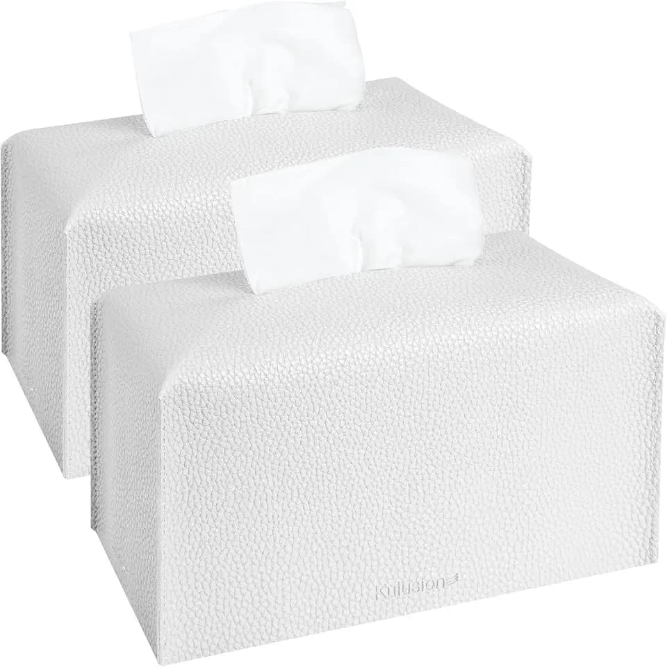 2 Pcs Rectangular Tissue Box Cover, PU Leather Tissue Holder Facial Tissue Case Dispenser for Bathroom, Vanity Countertop, Tabletop, Car, Office,9.5X5X5 Inch - White