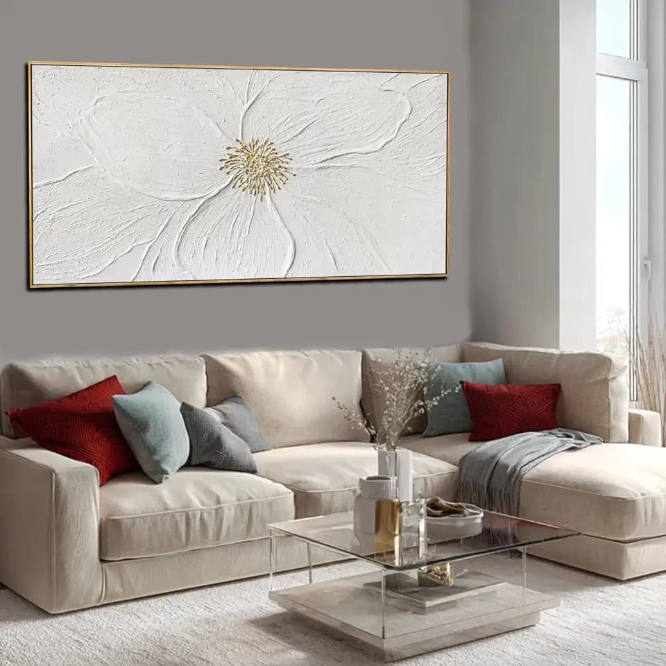 Framed Hand-Painted White Gold Floral Wall Art for Living Room 29x58 Inch