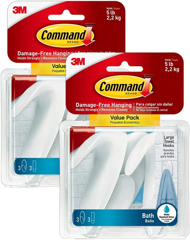 Command Bath Large Towel Hook Value Pack, Total 6 Large Wall Hooks with 6 Water Resistant Strips, 2-Pack of 3 Hooks, Organize Damage-Free