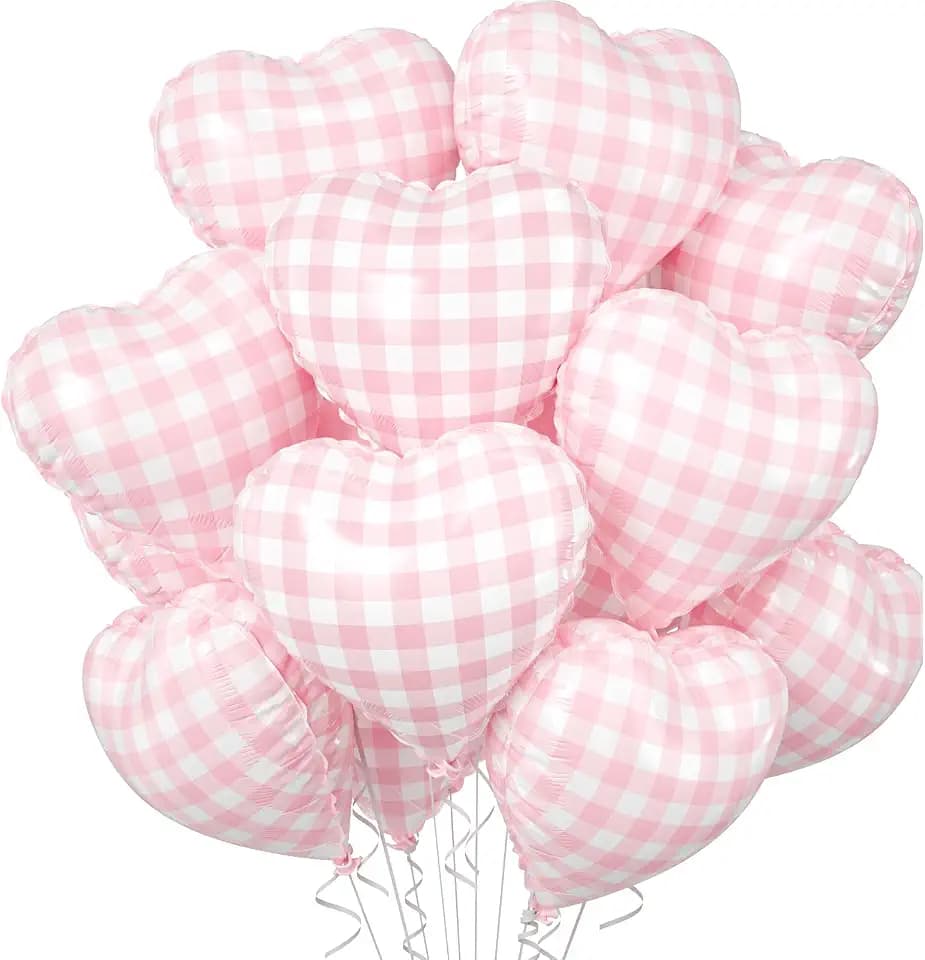 Pink Grid Heart Balloons, 10PCS Checkered Foil for Girls Birthday Party