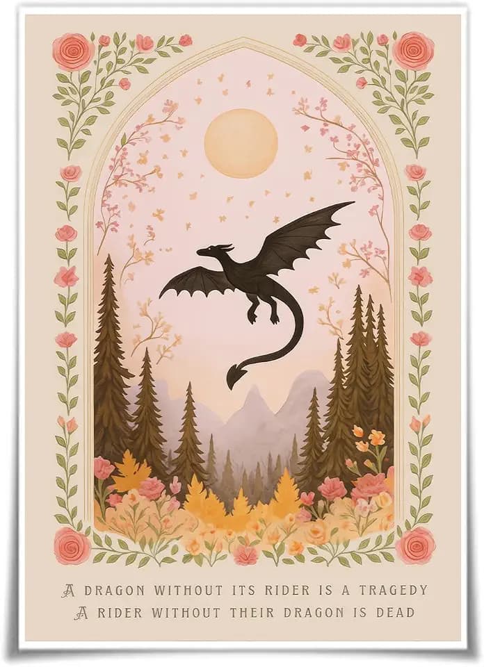 Dragon Without Its Rider Print, Floral Fall Dragon Poster, Fantasy Bookish Art, Girly Wall Art Boho Celestial Mystical Astrology Prints Unframed 16x24 Inch Canvas Wall Decor for Bedroom Living Room