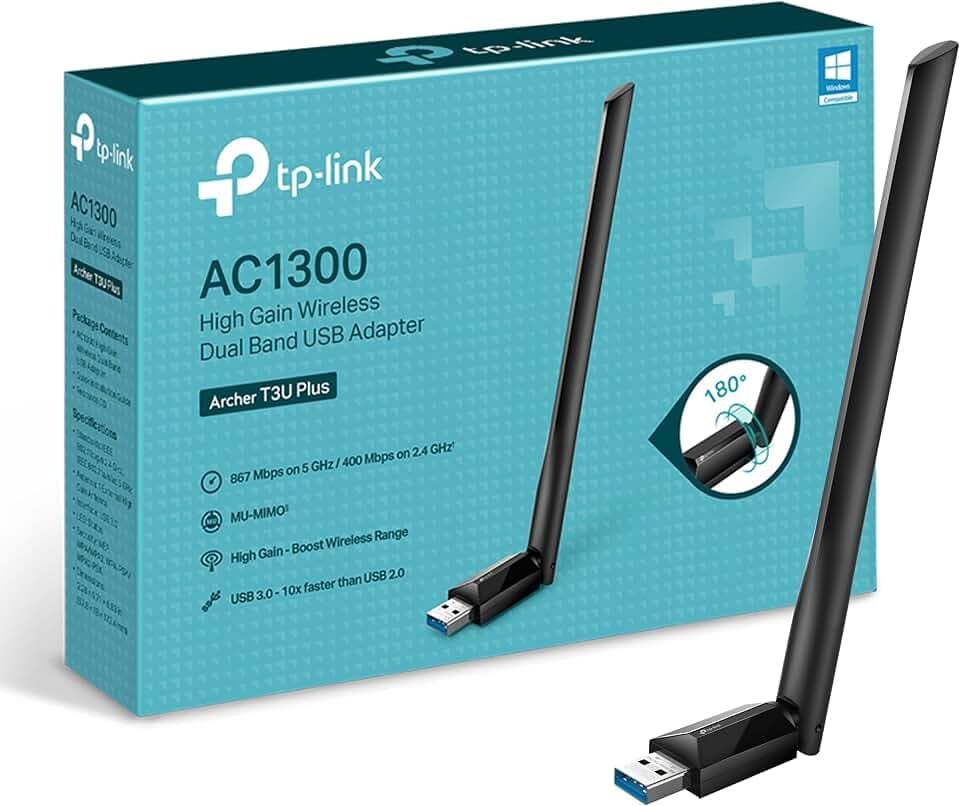 TP-Link Archer T3U Plus AC1300 High Gain USB WLAN Stick Adapter mit High-Gain Antennen(bis zu 867 Mbit/s 5GHz, 400 Mbit/s 2,4GHz, Kompatibel mit Windows 11/10/8.1/8/7