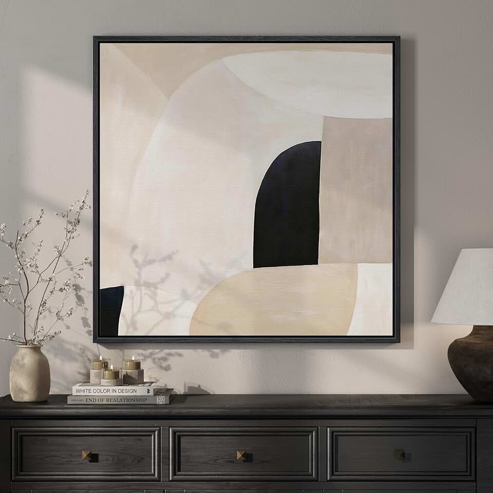 Framed Square Neutral Minimalist Abstract Wall Art for Living Room, 24x24