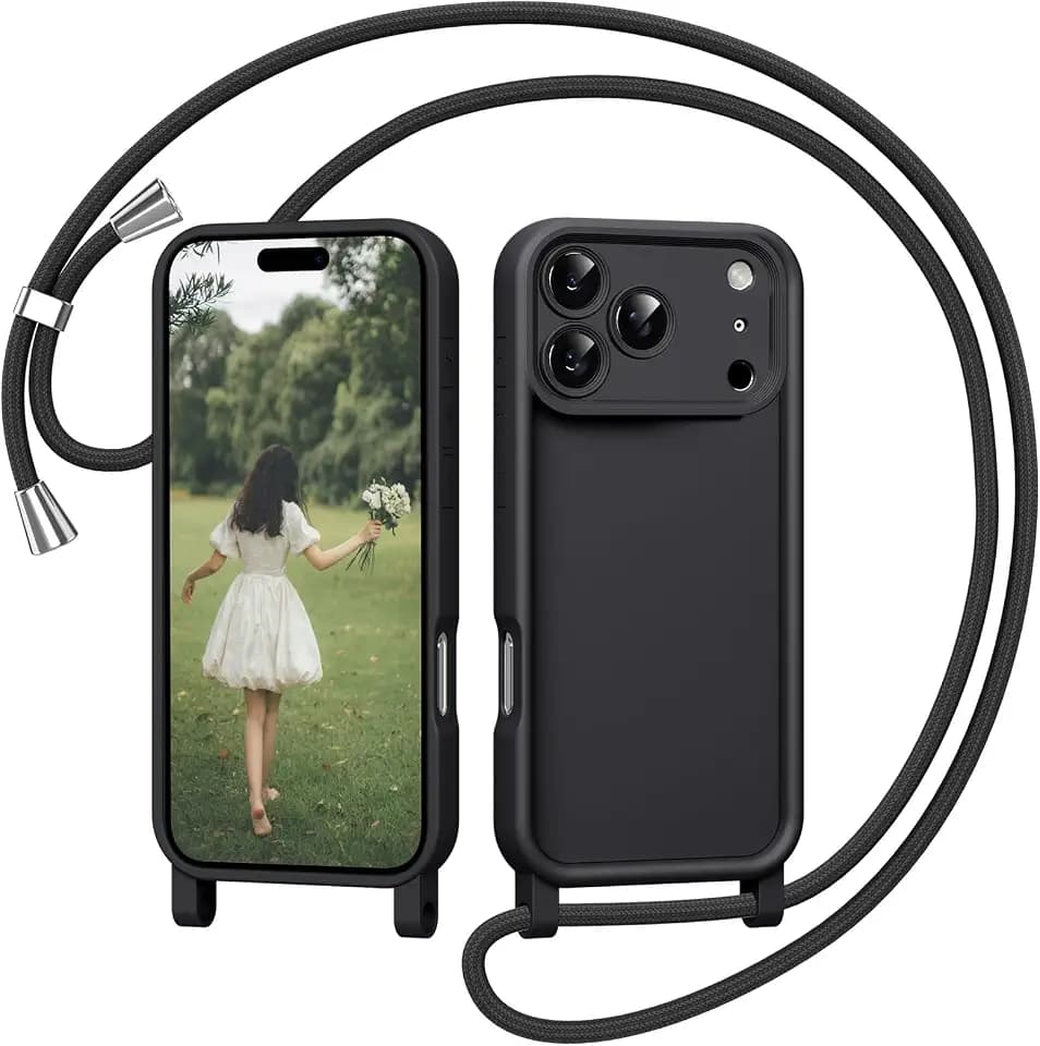 Coiwxmoi Handyhülle für iPhone 17 Pro 6,3" Hülle mit Band, Silikon Handyband Hülle mit Abnehmbar Einstellbar Kordel Kette zum Umhängen Stoßfeste Kameraschutz Schutzhülle für iPhone 17 Pro, Schwarz