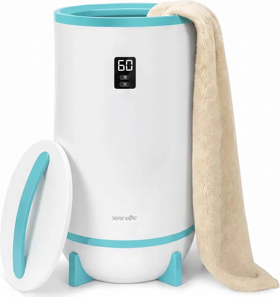 SereneLife Towel & Blanket Warmer, One Touch Portable Bath Towel Warmer with Fragrant Disc Holder, Timer (15, 30, 45, or 60 minutes) and LED Display, Auto Shut Off, Ideal for Bathroom & Spa Use, Blue