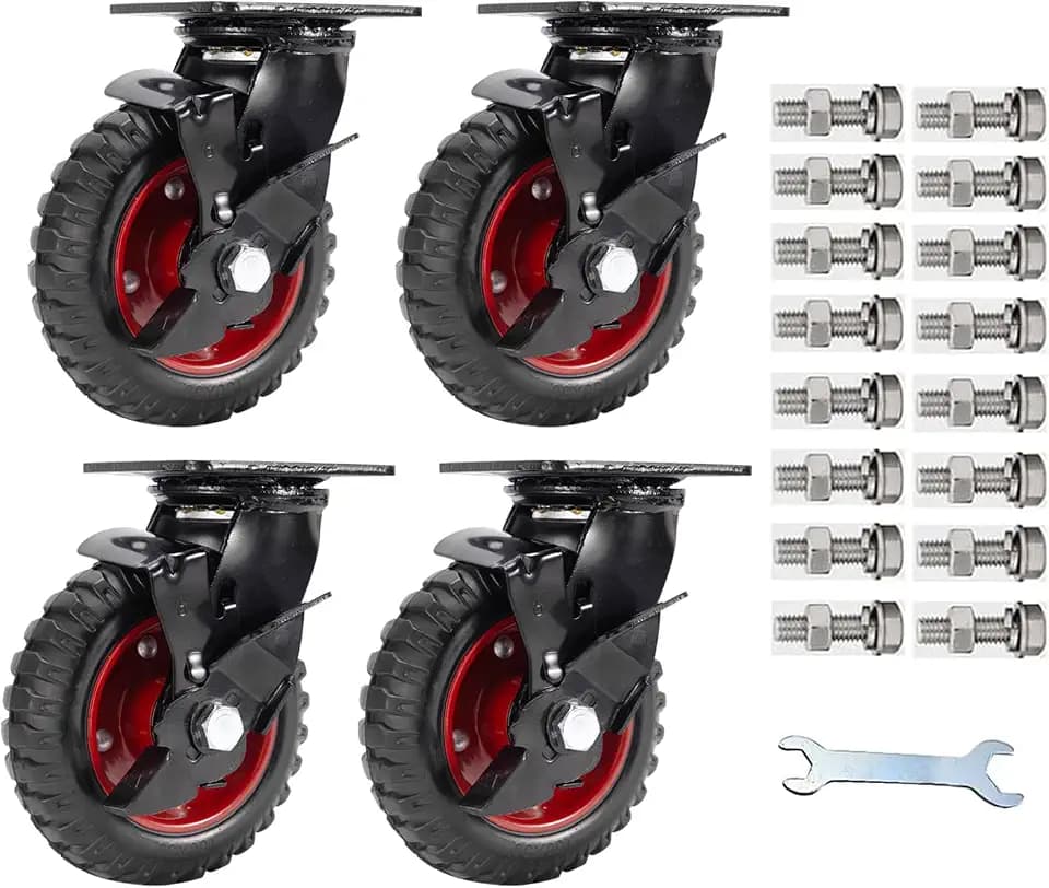 8 Inch Outdoor Heavy Duty Casters Wheels Set of 4,Sturdy Large Rubber Casters with Brake,Industrial Grade Plate Swivel Castors with Knobby Tread for Dollies, Cart, Machine